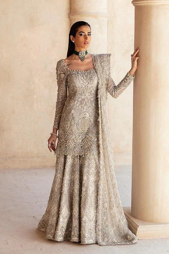 Ash White Pakistani Indian Wedding Dresses, Latest Bridal Party Nikkah Dress  Embroidery Clothes Stitched Sharara Kameez Suit Guest Outfit - Etsy Canada