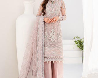 Pakistani Indian wedding dress light pink mehndi nikkah suit organza handmade embroidery stitch party outfit salwar kameez luxury clothes