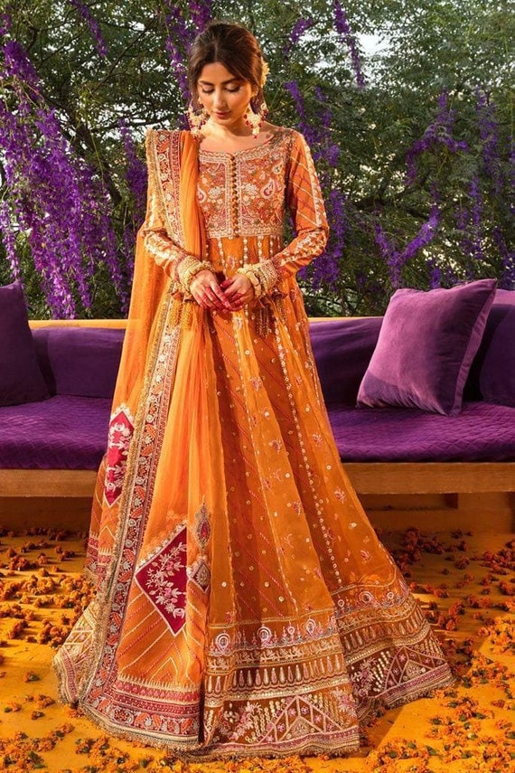 Orange Pakistani Indian Wedding Dresses, Latest Bridal Party Dress  Embroidery Clothes Stitched Gown Mehndi Nikkah Maxi Suit Outfit Peshwas -  Etsy