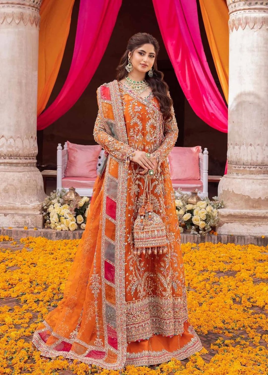 Mehndi Orange Green Combination Dress Orange And Green Mehndi