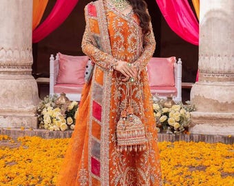 Pakistani Indian wedding dress Orange mehndi wear suit organza handmade embroidery stitch party outfit angrakha salwar kameez luxury clothes