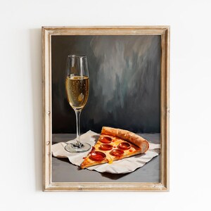 Champagne and Pizza Canvas Poster | Demure Mindful Quirky Funny Whimsical | Qoute Poster | Cocktail Art Bar Cart | Trendy Kitchen Wall