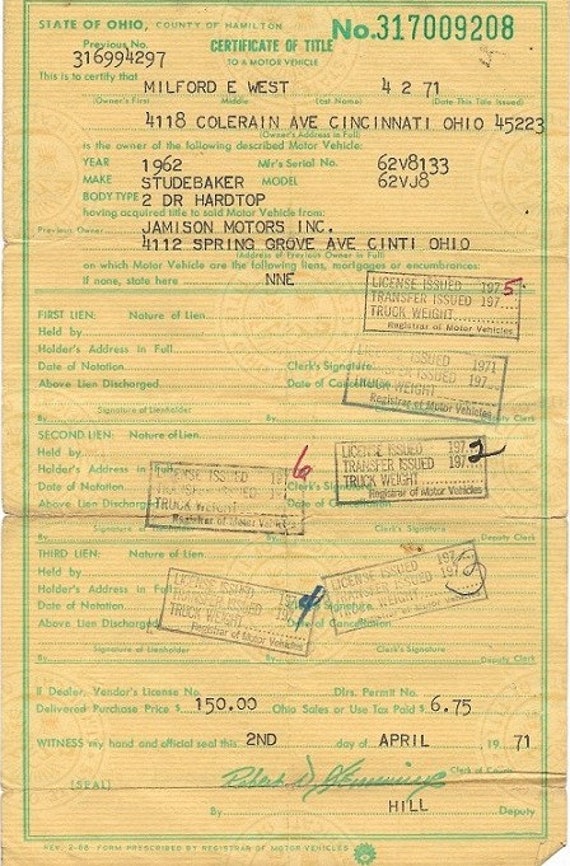 Vintage Ohio Car Title of a 1962 Studebaker | Etsy