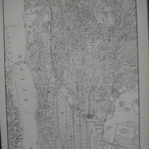 Op de afbeelding: Een gedetailleerde zwart-wit kaart van New York City, inclusief de Bronx, met straten en bezienswaardigheden. De kaart komt uit een boek getiteld "Steden en dorpen van de wereld."