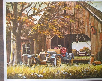 Vintage Print of a Country Barn and old Car.