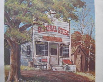 Vintage Print of an Old Barn and the Old General Store.