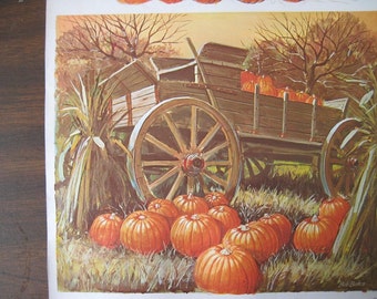 Old Print of Wagon with Pumpkins and Barns.