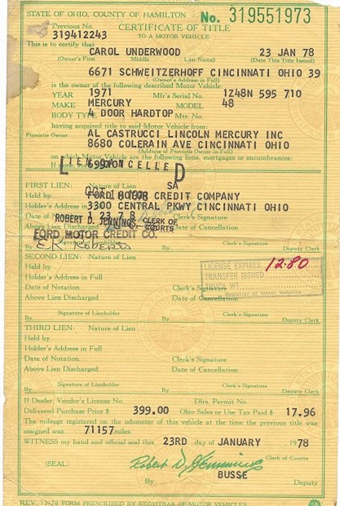 Vintage Ohio Car Title of a 1971 Mercury - Etsy