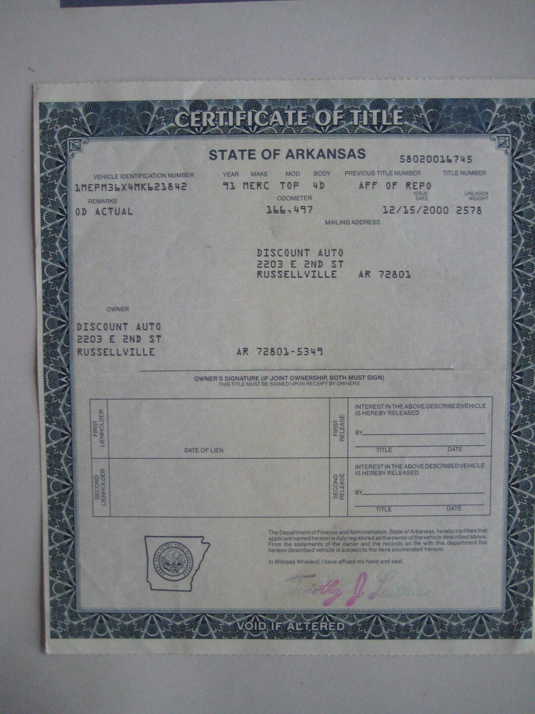 Vintage Car Title of a 1991 Mercury Etsy