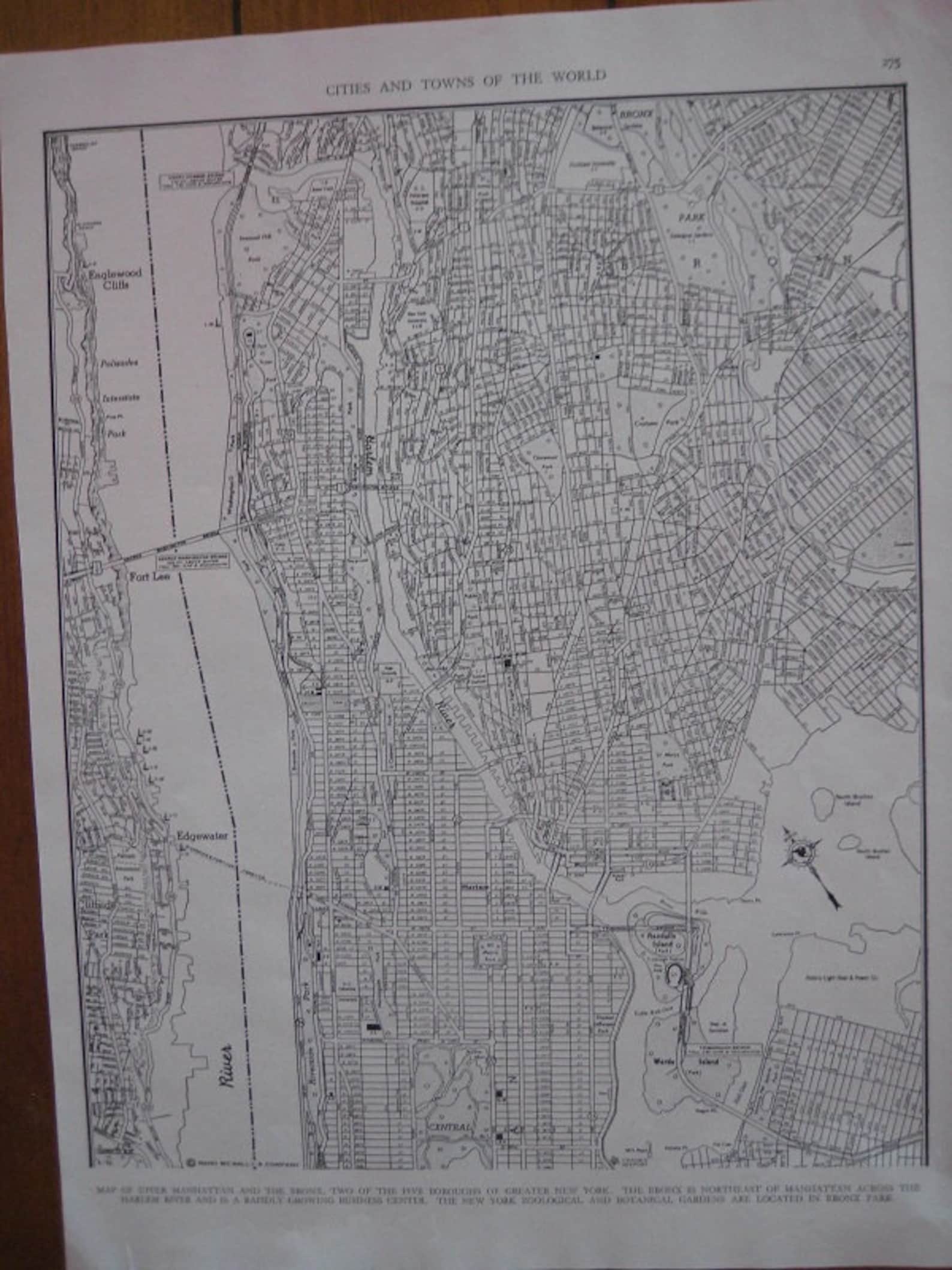 Vintage City Map of Upper Manhattan. FREE U.S. SHIPPING - Etsy