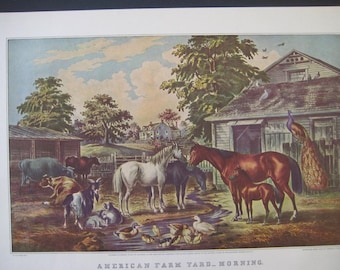 Large Antique color Lithograph, The  American Farmyard.