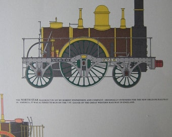 Large Vintage Print of Old Train Engines