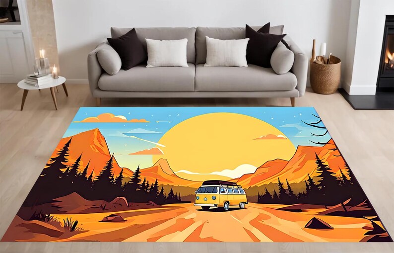 Blue Rug Vans Retro Road Trip Rug, Camper Van, Sunset, Mountains, Adventure Inspired ...