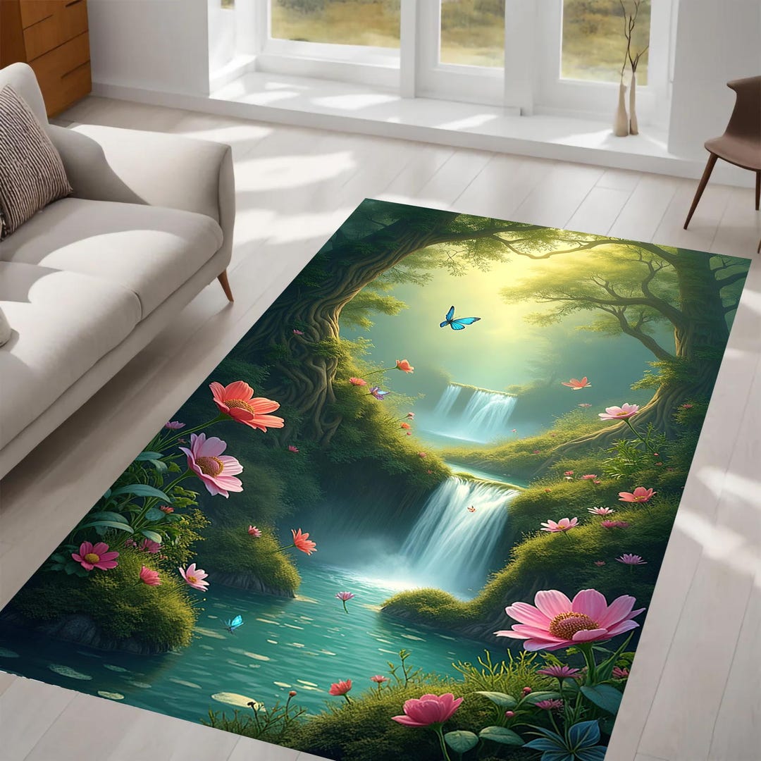 Enchanted Rug Enchanted Nature Fantasy Rug, Serene Waterfall, Butterfly, Flowers ...