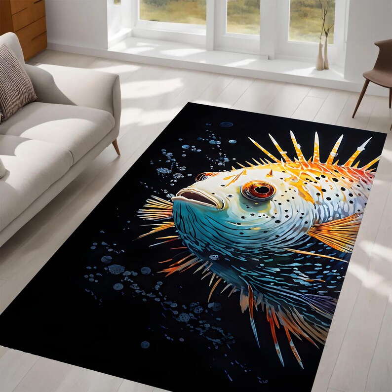 Bold Pufferfish Art Rug, 3D Spiked Design, Vibrant Hues, Unique Oceanic ...