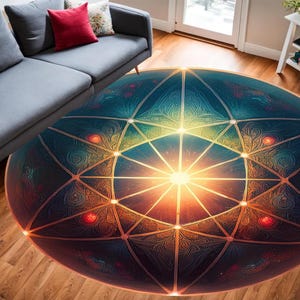 May include: A round, blue and gold geometric rug with a central starburst design. The rug has a complex pattern of lines and shapes, creating a sense of depth and dimension.