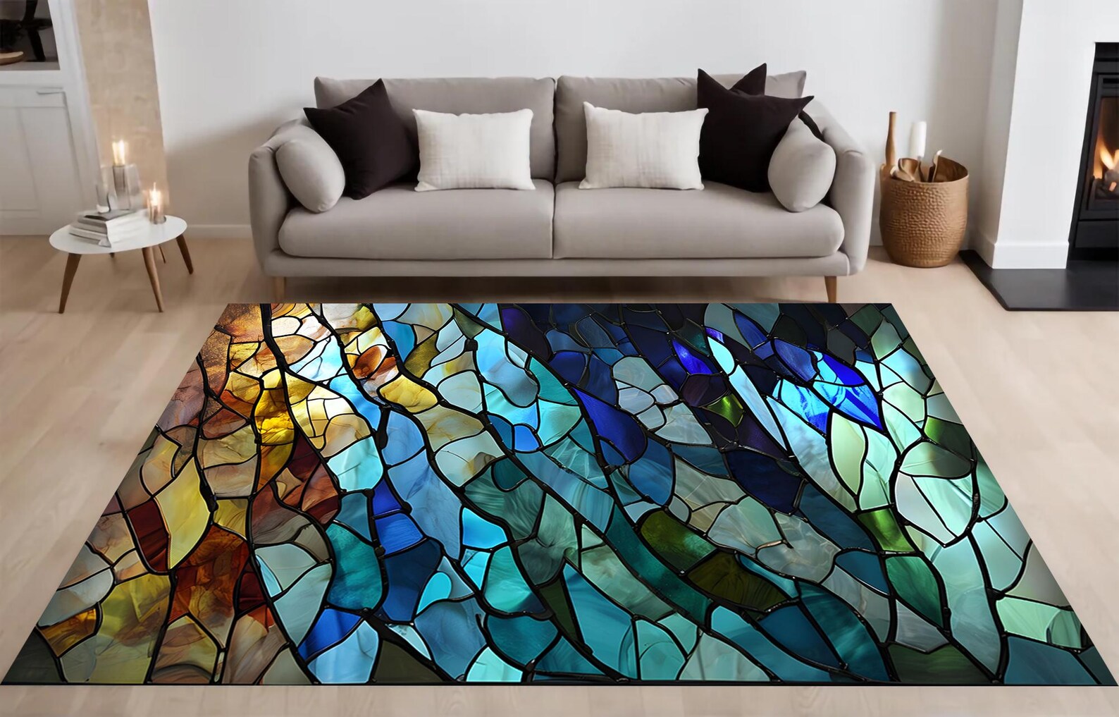 Stained Glass Rug Design Stained Glass Rug, Intricate Mosaic Design, Vibrant Earth, Ocean Tones ...