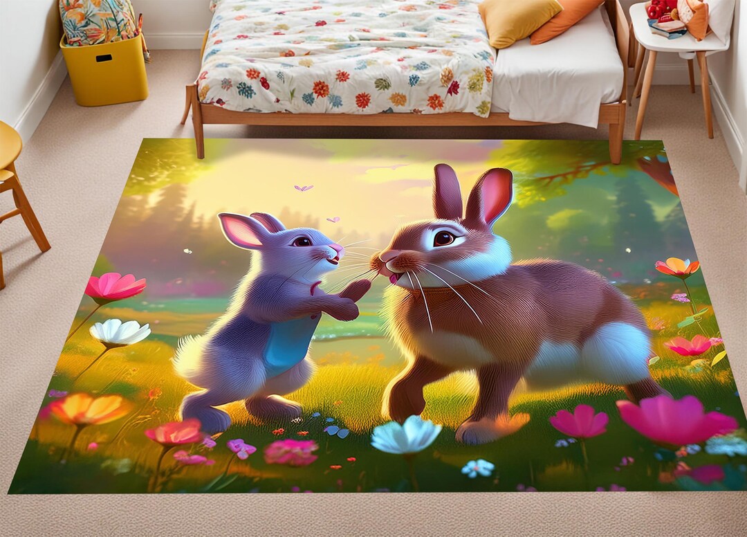 Playful Bunnies Rug, Charming Rabbits Rug, Bright Floral Meadow Rug ...