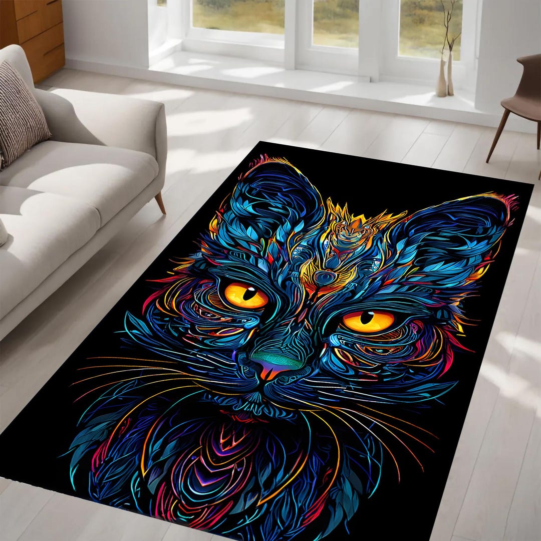 Abstract Cat Face Rug, Boho Tribal Style, Vibrant Artistic Design, Eye ...