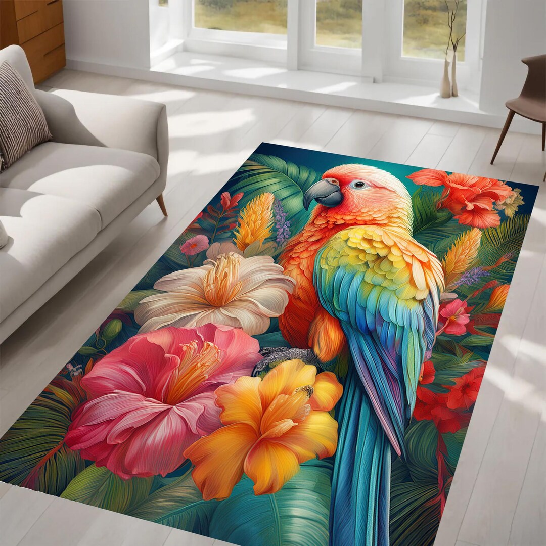 Vibrant Parrot Rug, Tropical Floral Art, Bird Rug, Pastel Tones, Exotic ...