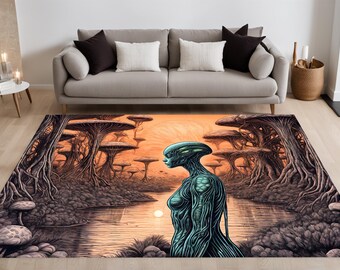 Alien Garden Rug, Surreal Landscape Rug, Sci-Fi Rug, Alien Rug, Forest Rug, Sunset Rug, Rug Art, Home Decor, Bedroom, Living Room, Gift Idea