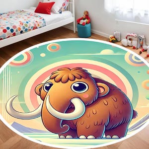 Alfombra redonda de mamut para niños, alfombra de dibujos animados caprichosa, lindo diseño de animales de la Edad de Hielo, sala de juegos, guardería, habitación de niños pequeños, decoración colorida, para ella, para él
