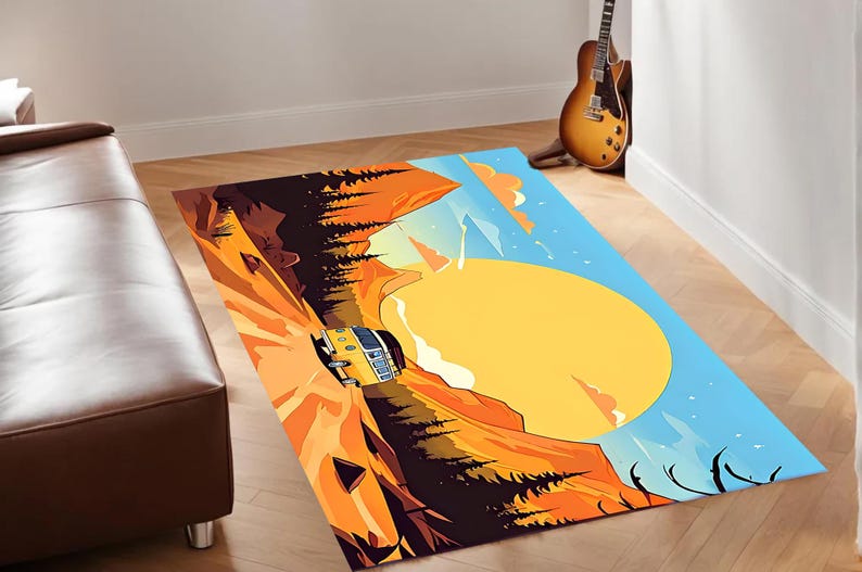 Retro Sunset Rug Retro Road Trip Rug, Camper Van, Sunset, Mountains, Adventure Inspired ...