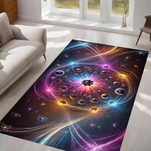 以下が含まれることがあります： 光る球体と線がカラフルにデザインされた抽象的な敷物。デザインは、中心核と周回する粒子を持つ宇宙原子に似ています。背景は濃い青色で、紫とピンクのヒントがあります。