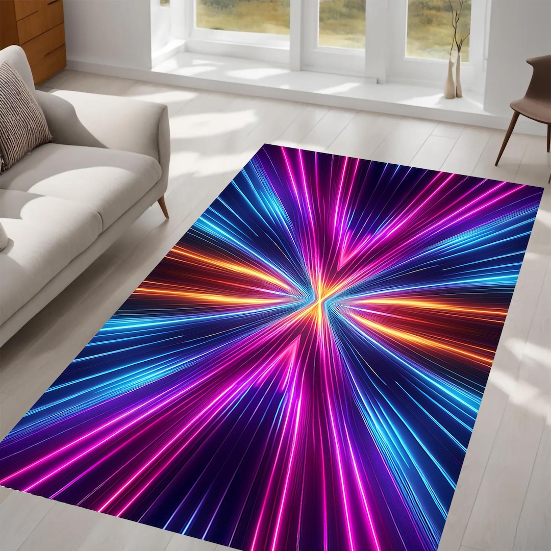 Neon Starburst Rug, Electric Light Beams, Futuristic 3D Illusion, Bold ...