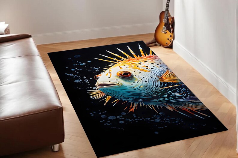 Bold Pufferfish Art Rug, 3D Spiked Design, Vibrant Hues, Unique Oceanic ...