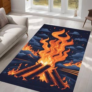 Flaming Bonfire Rug, Vibrant Fire Rug, Cartoon Style, Dark Smoky, Cozy Warmth Rug, Modern Rug, Home Decor, Living Room, Bedroom, Gift Idea