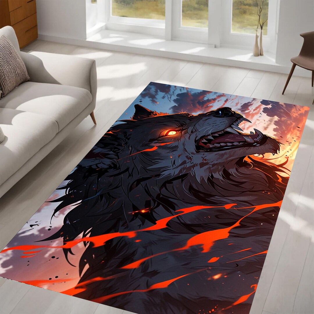 Fiery Wolf Rug, Epic Predator Design, Glowing Eyes, Flames, Ferocious ...