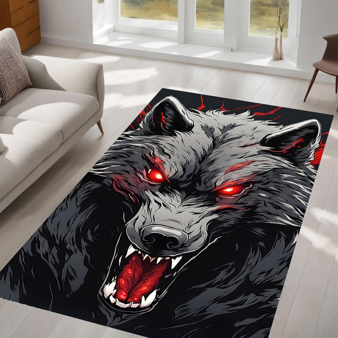 Fierce Wolf Rug, Eyed Predator Design, Dark Comic Art Style, Bold ...