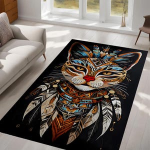 Tribal Cat Face Rug, Boho Tribal Decor, Intricate Feather Rug, Pattern Art Rug, Modern Rug, Bedroom, Living Room, Gift Idea, for Her, Him