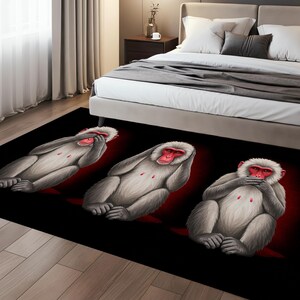 Three Wise Monkeys Japanese Macaque Rug, Japandi Living Room Floor Mat, Zen Wisdom Bedroom Carpet, Black Red Asian Philosophy Home Decor