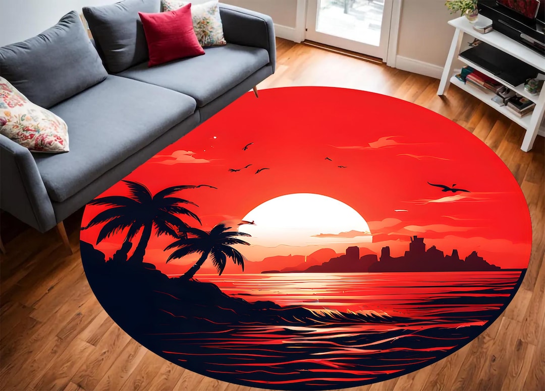 Deep Sunset Rug Sunset Beach Rug, Red Silhouette Rug, Tropical Palm Tree, Ocean Waves ...