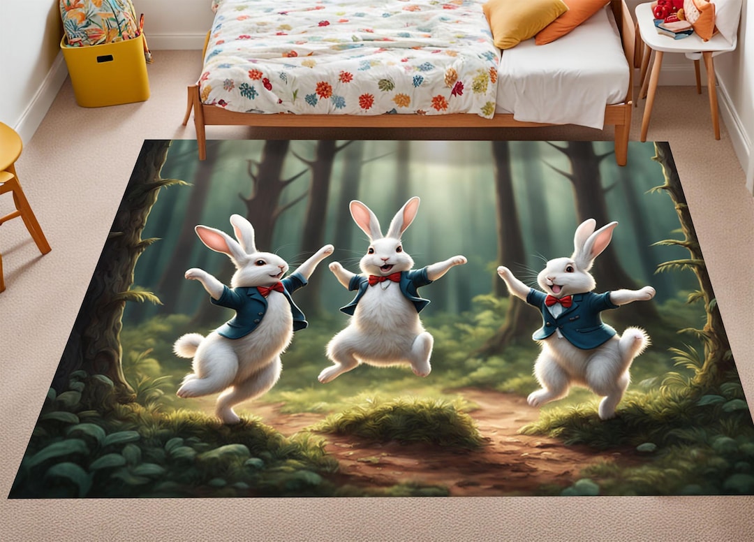 Bunny Rug, Dancing Rabbits Rug, Animal Theme Carpet, Playful Rug ...