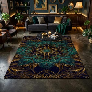 May include: A rectangular area rug featuring a dark teal and gold mandala pattern with intricate symmetrical floral motifs and flowing golden lines that radiate from the center, creating a bold contrast against the deep dark blue background.