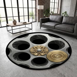 Revolver Cylinder Round Area Rug, Metallic Gun Chamber Floor Carpet, Industrial Western Living Room Mat, Bronze Silver Bedroom Rug