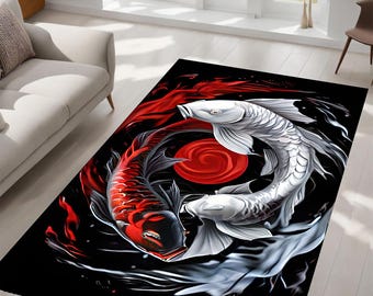 May include: A black and white area rug with a red circle in the centre. Two koi fish, one red and one white, swim around the circle.