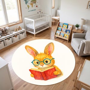 Custom Name Round Nursery Area Rug, Personalized Bunny Reading Book Carpet, Woodland Rabbit Glasses Playroom Floor Mat, Storytime Kids Decor