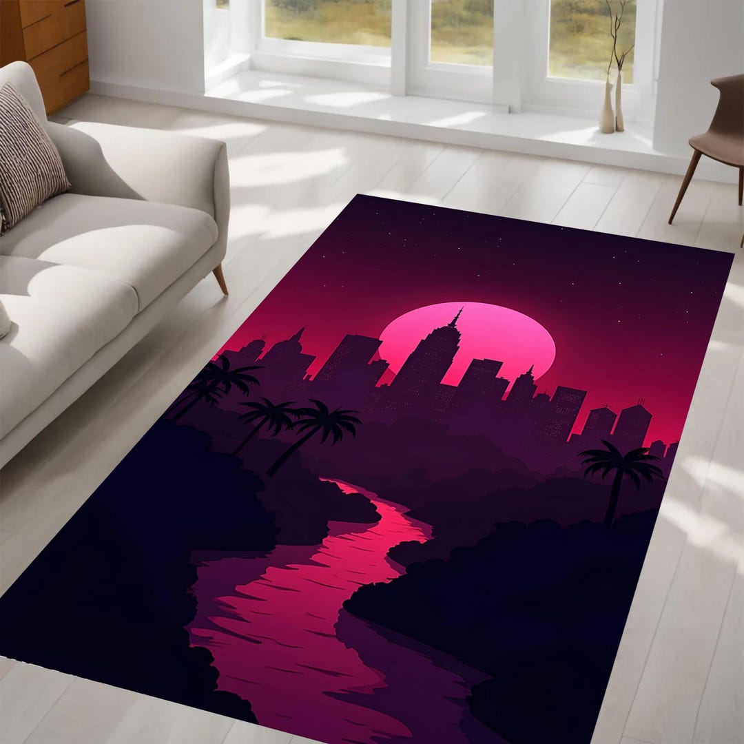 Neon Cityscape Rug, Retro 80s Vibe, Sunset, Palm Trees, Futuristic ...