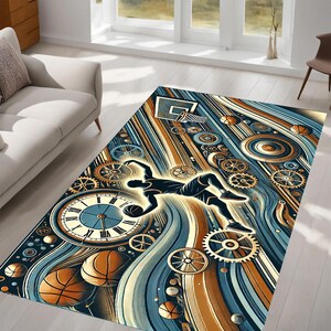 May include: Abstract rug with a basketball player dribbling a ball, surrounded by gears, clock faces, and basketballs. The rug has a blue, brown, and gold color scheme.