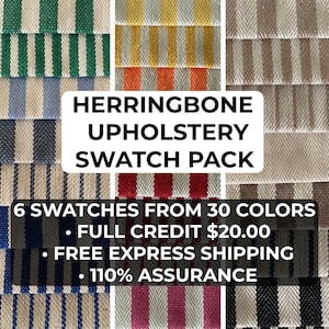 Può includere: Una collezione di sei campioni di tessuto per tappezzeria a spina di pesce in vari colori, tra cui verde, giallo, blu e rosso. Il testo "HERRINGBONE UPHOLSTERY SWATCH PACK" è visualizzato, insieme a "6 SWATCHES FROM 30 COLORS".