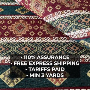Trade Designer Kilim Upholstery Fabric | Rustic Red Green Southwest Tapestry, Heavy Duty 56” Wide Woven Material for Sofa, Cushions, Chairs