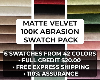 May include: A collection of matte velvet fabric swatches in various colors, including beige, red, black, and green. The image displays a swatch pack with the text "MATTE VELVET 100K ABRASION SWATCH PACK".
