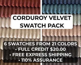 Corduroy Velvet Upholstery Trade Sample Kit • 6 Swatches • Ribbed Velvet Fabric • 55" Width Heavy Material • Free Express Shipping