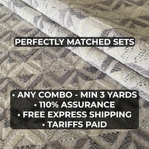 May include: Close-up of a folded fabric with a geometric pattern in shades of grey and white. The text "PERFECTLY MATCHED SETS" is displayed above a black rectangle with white text that reads "ANY COMBO - MIN 3 YARDS".