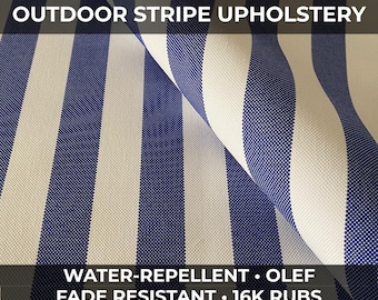 Tela de tapicería para exteriores Cabana Stripe, tela de olefina resistente a los rayos UV e impermeable para toldos, patios, balcones y jardines, color azul costero.