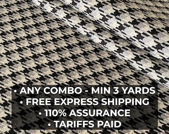 May include: A close-up of a fabric with a black, white, and grey houndstooth pattern. The fabric is folded, showing the texture and design. Text on the image reads: ANY COMBO - MIN 3 YARDS, FREE EXPRESS SHIPPING, 110% ASSURANCE, TARIFFS PAID.